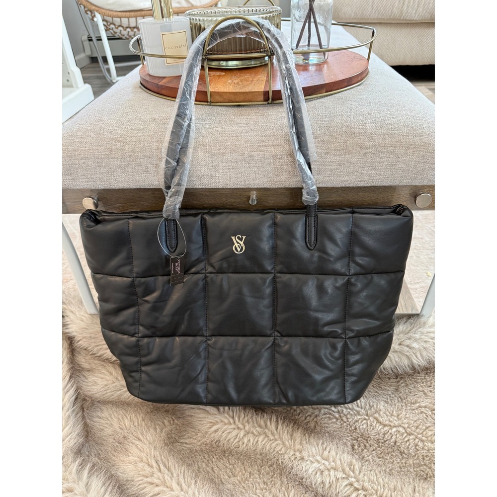 Victorias Secret Black Quilted Puffer Tote Bag Faux Leather Gold VS Logo New